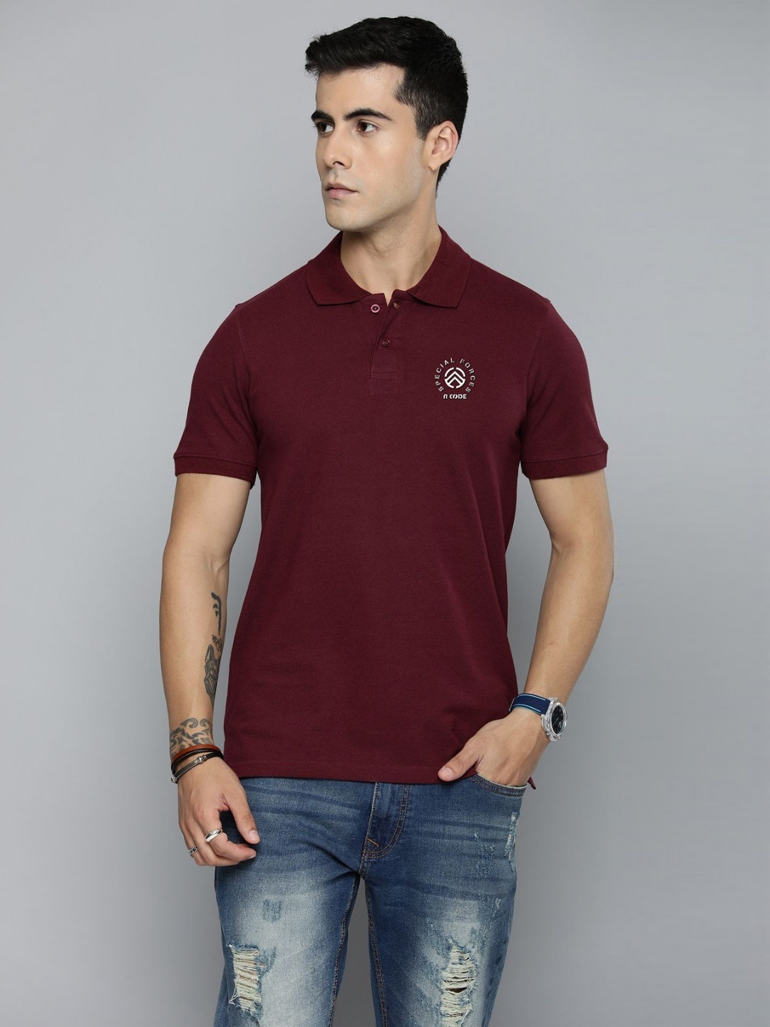 

R.Code by The Roadster Lifestyle Co. Men Regular Fit Solid Polo Collar Cotton T-shirt, Burgundy