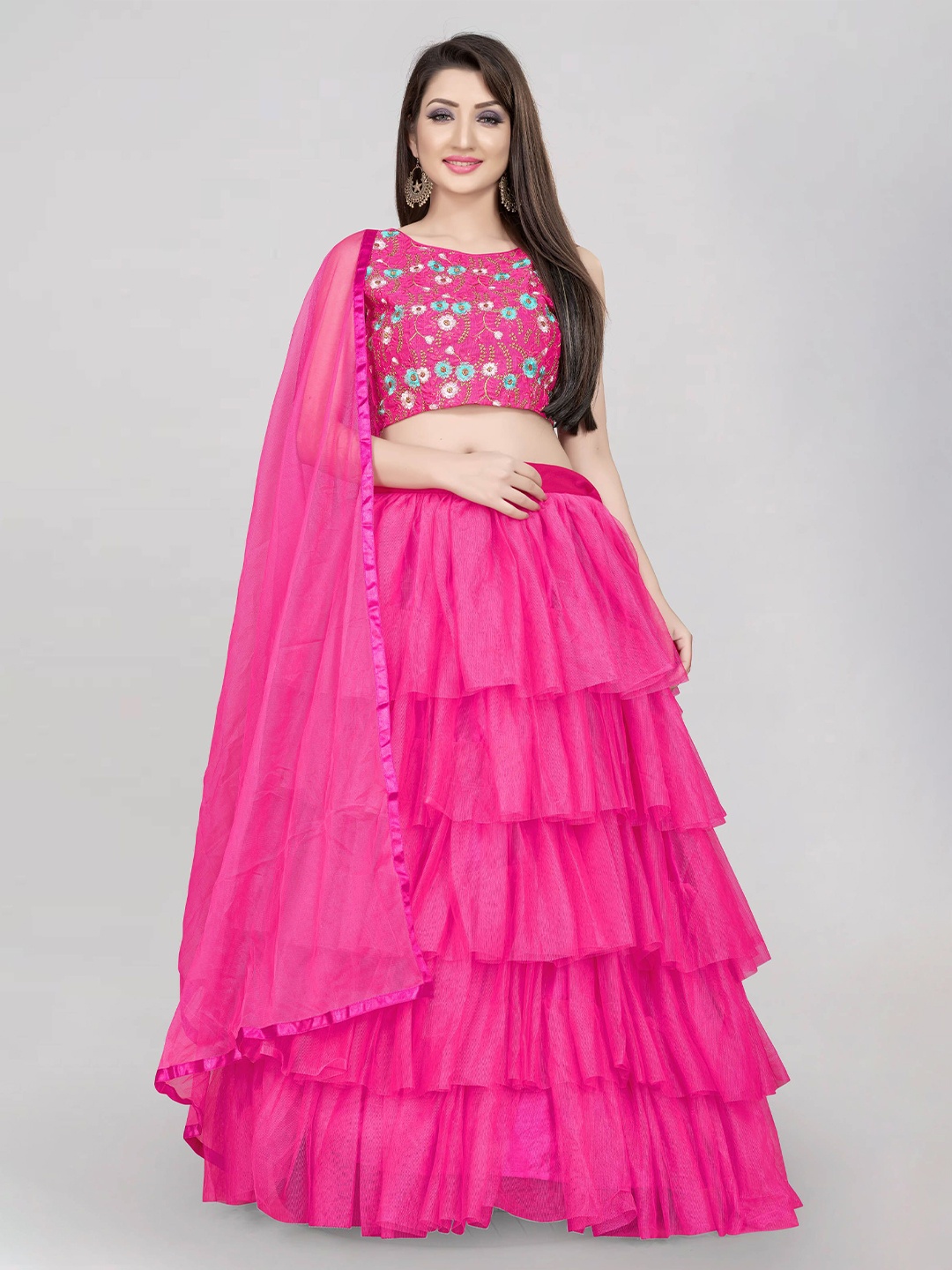 

DIVASTRI Floral Embroidered Thread Work Semi-Stitched Lehenga Choli With Dupatta, Pink
