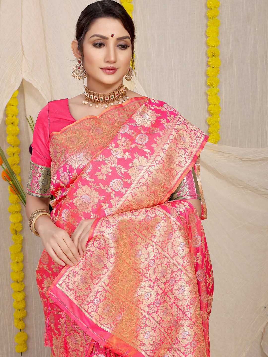

Kandora Ethnic Motifs Zari Pure Silk Paithani Saree, Peach