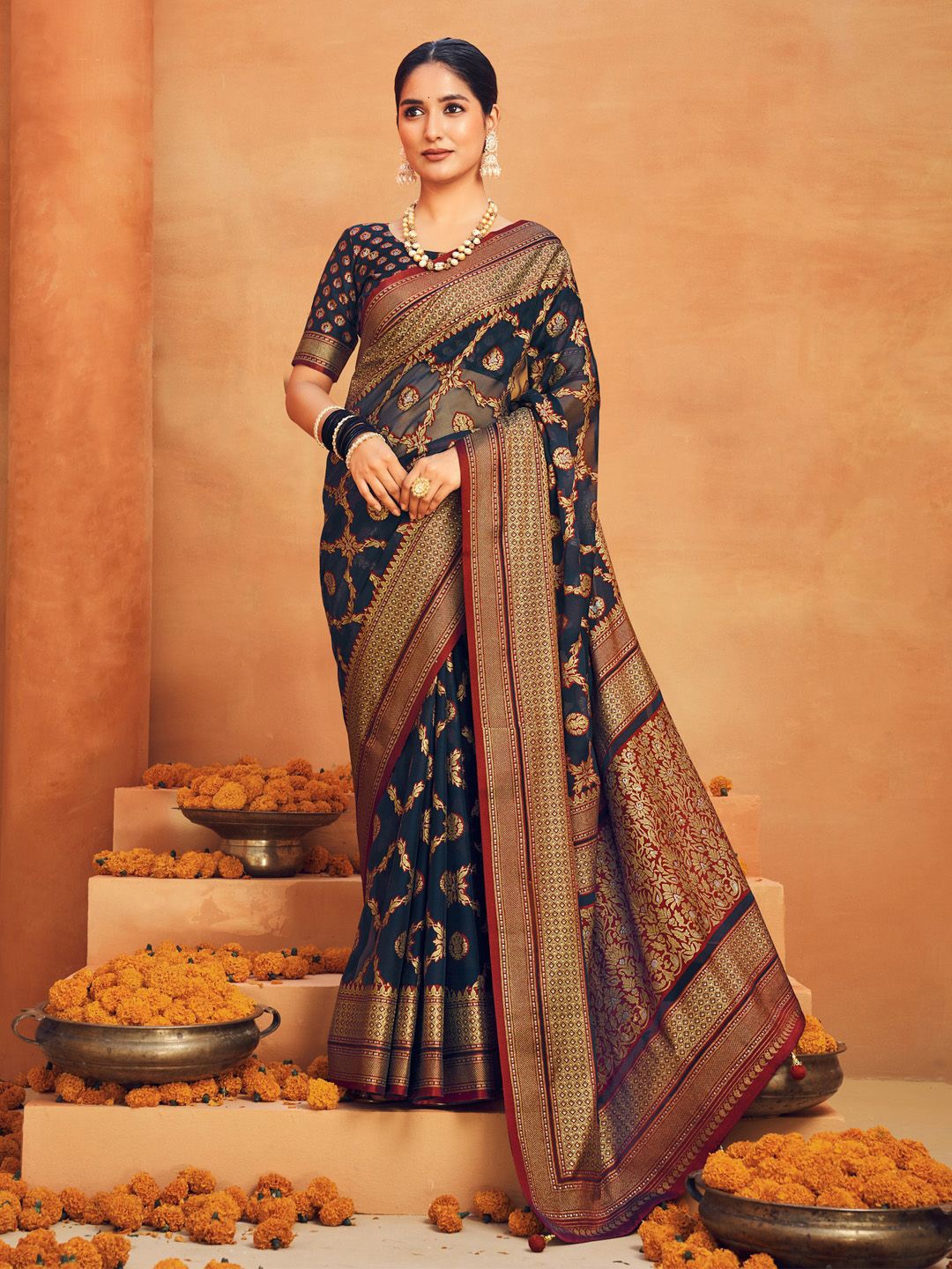 

Anouk Ethnic Motifs Poly Georgette Designer Saree, Navy blue