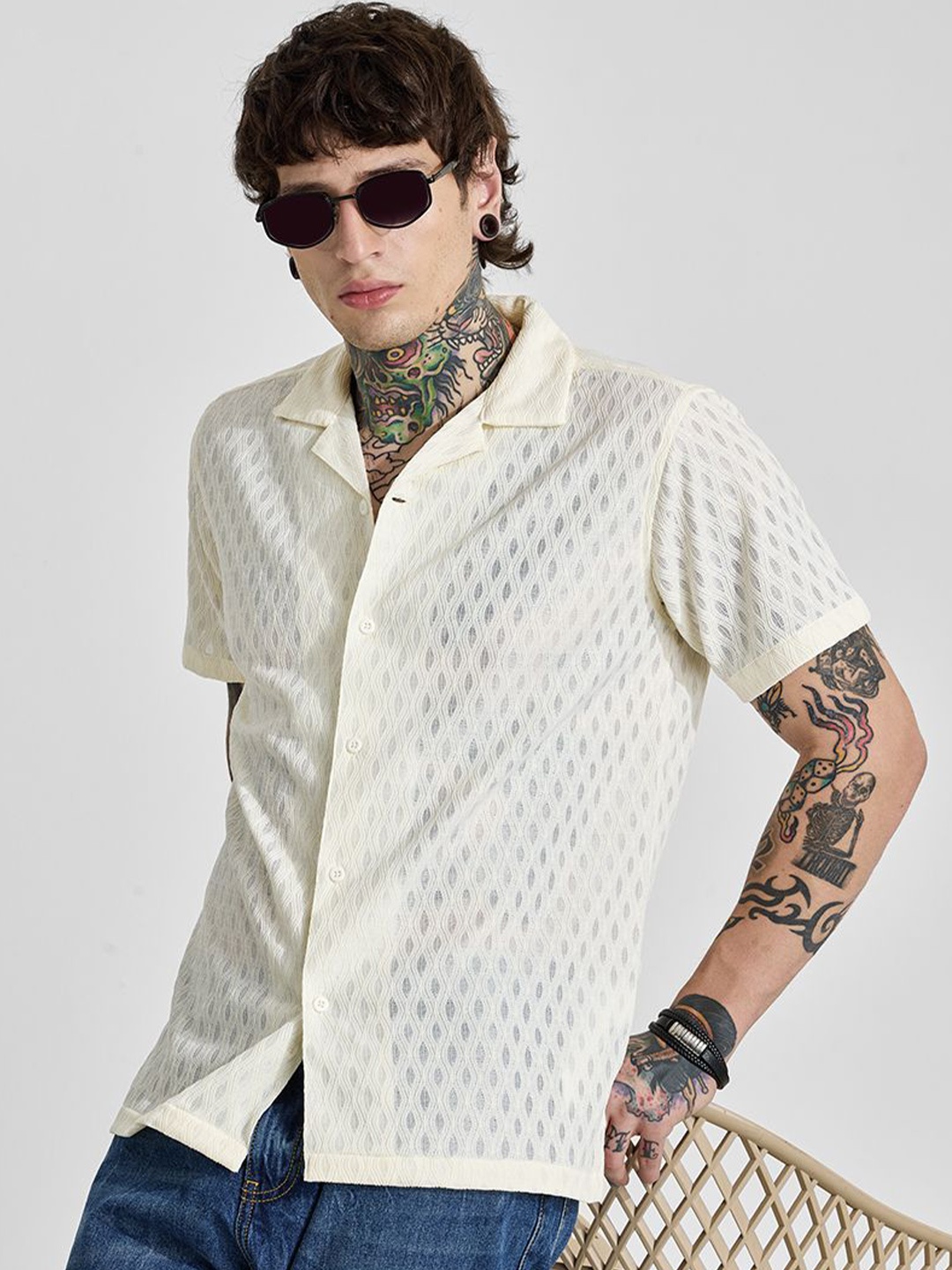 

Snitch Men Relaxed Boxy Opaque Casual Shirt, Cream