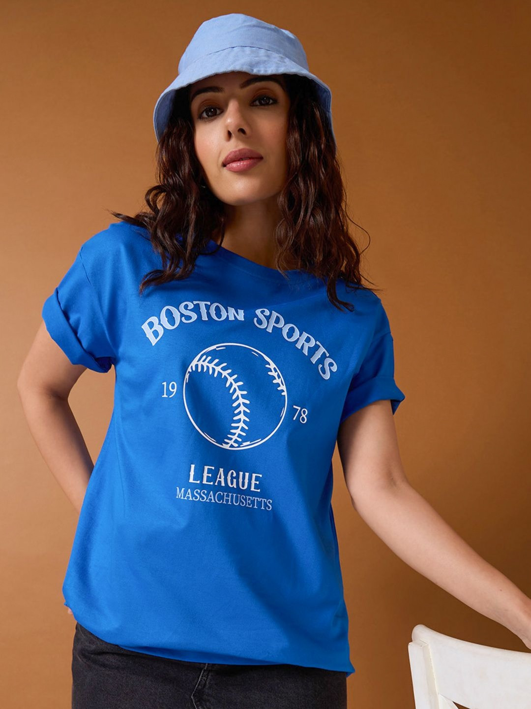 

Mast & Harbour Women Typography Printed Round Neck Cotton T-shirt, Blue