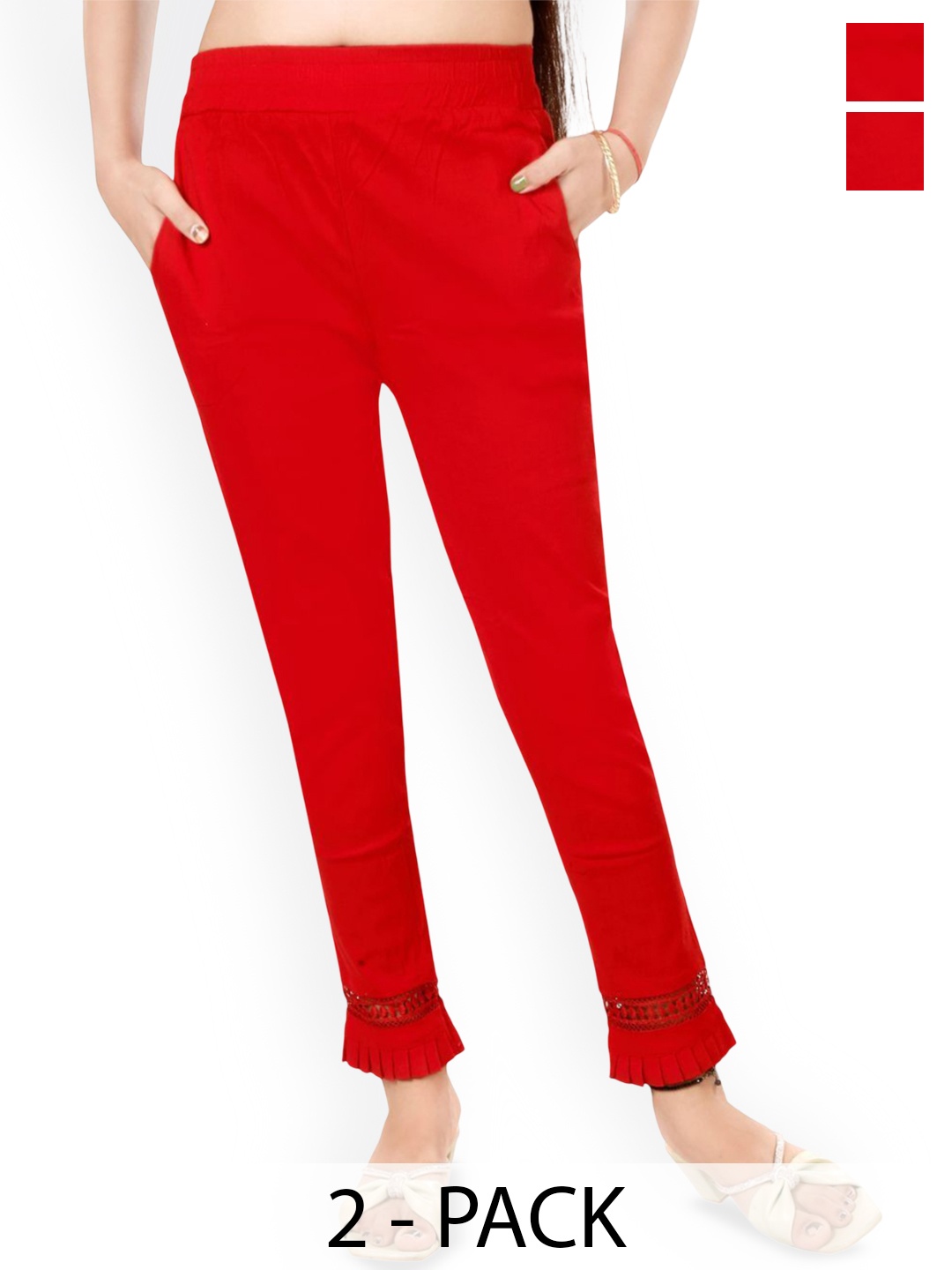 

Fessist Women Pack Of 2 Relaxed Slim Fit Easy Wash Pleated Cigarette Trousers, Red