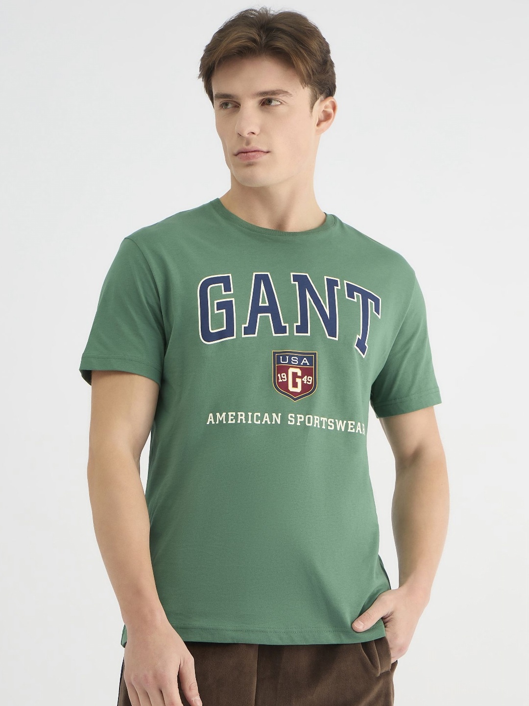 

GANT Men Typography Printed Pure Cotton Raw Edge T-shirt, Green