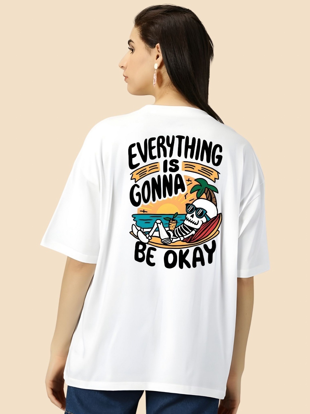 

SZN Women Typography Printed Round Neck Cotton Oversized T-shirt, White