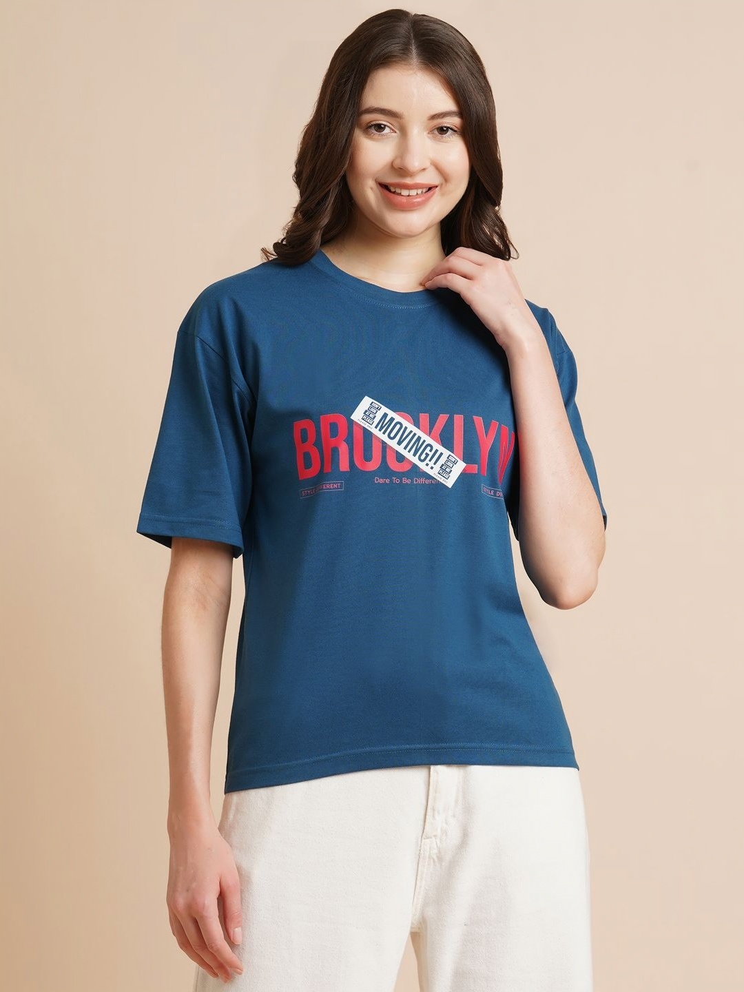 

ANJIR Women Typography Printed Round Neck Oversized T-shirt, Turquoise blue
