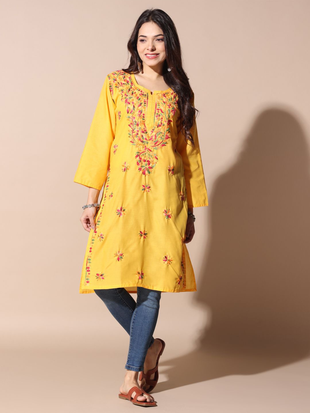 

Fashionable Chikan Handikraft Floral Embroidered Thread Work Cotton Straight Kurta, Yellow