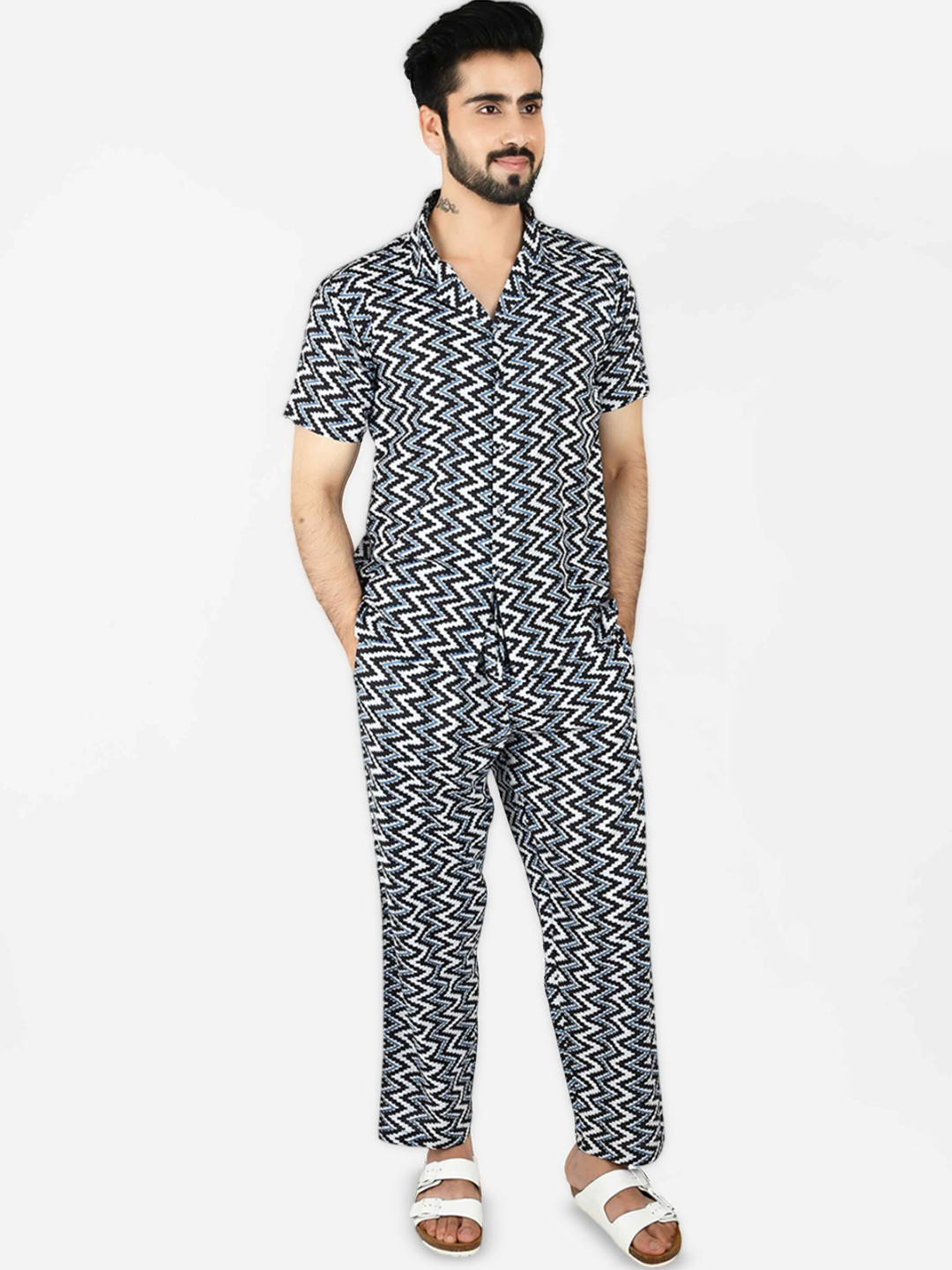 

Blissence Chevron Printed Shirt Collar Pure Cotton Shirt With Trousers, Navy blue