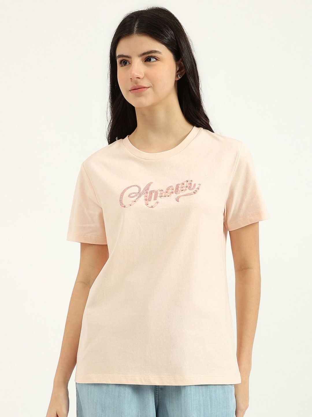 

United Colors of Benetton Women Typography Printed Round Neck Cotton T-shirt, Peach