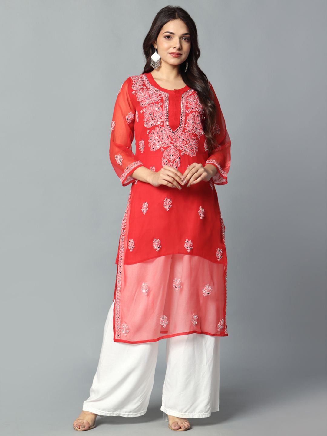 

Fashionable Chikan Handikraft Floral Embroidered Mirror Work Straight Kurta, Red