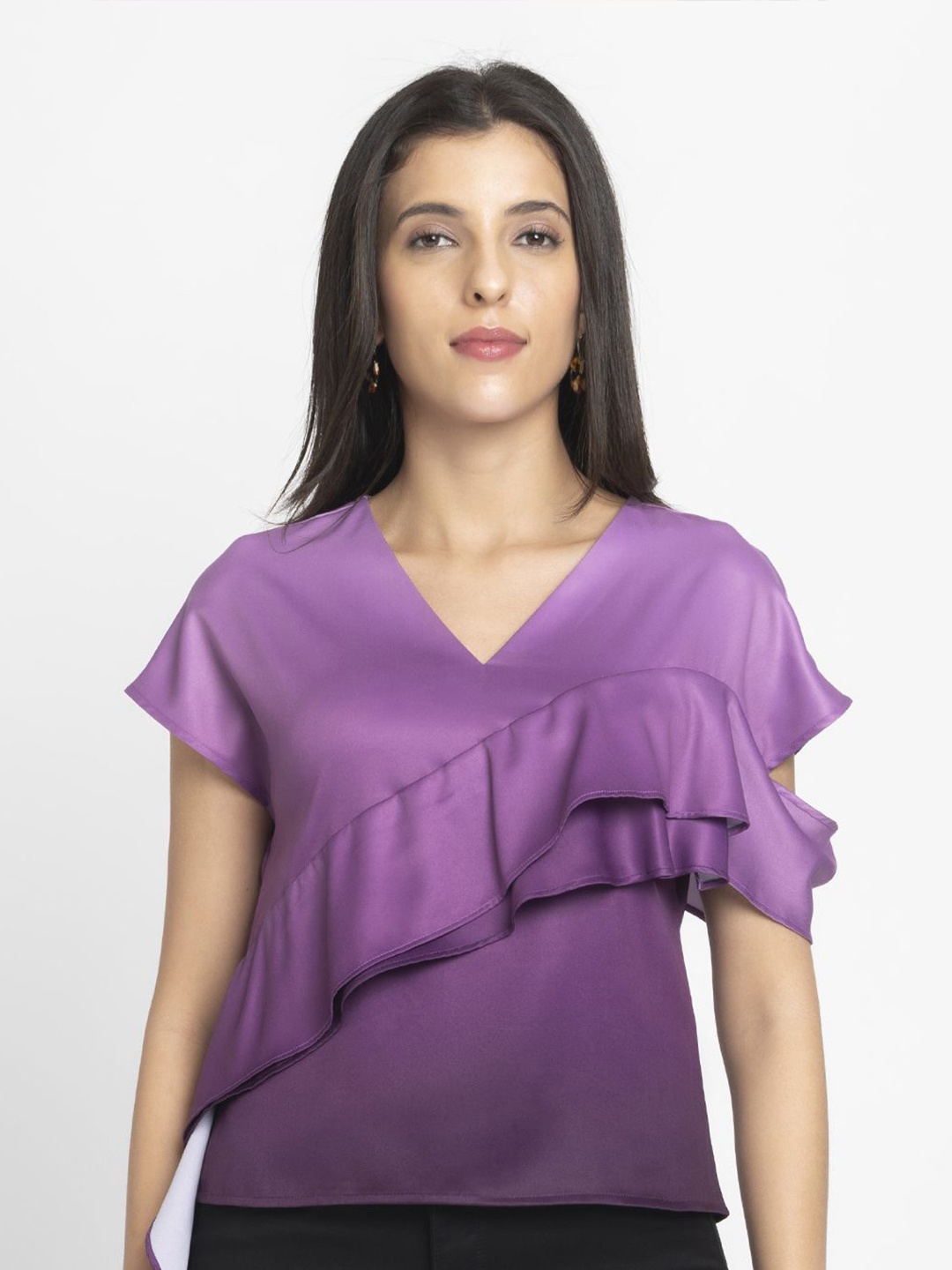 

SHAYE Purple V-Neck Ombre Print Drop Shoulder Sleeves Casual Tops For Women