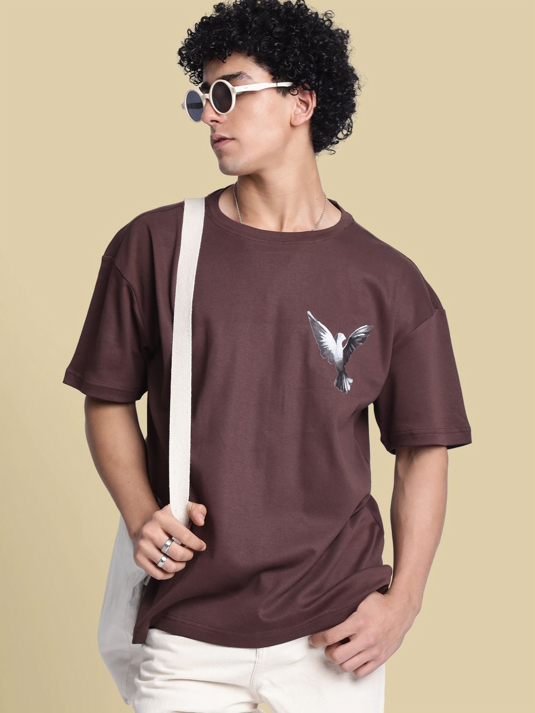 

Bene Kleed Men Graphic Printed Round Neck Cotton Oversized T-shirt, Brown