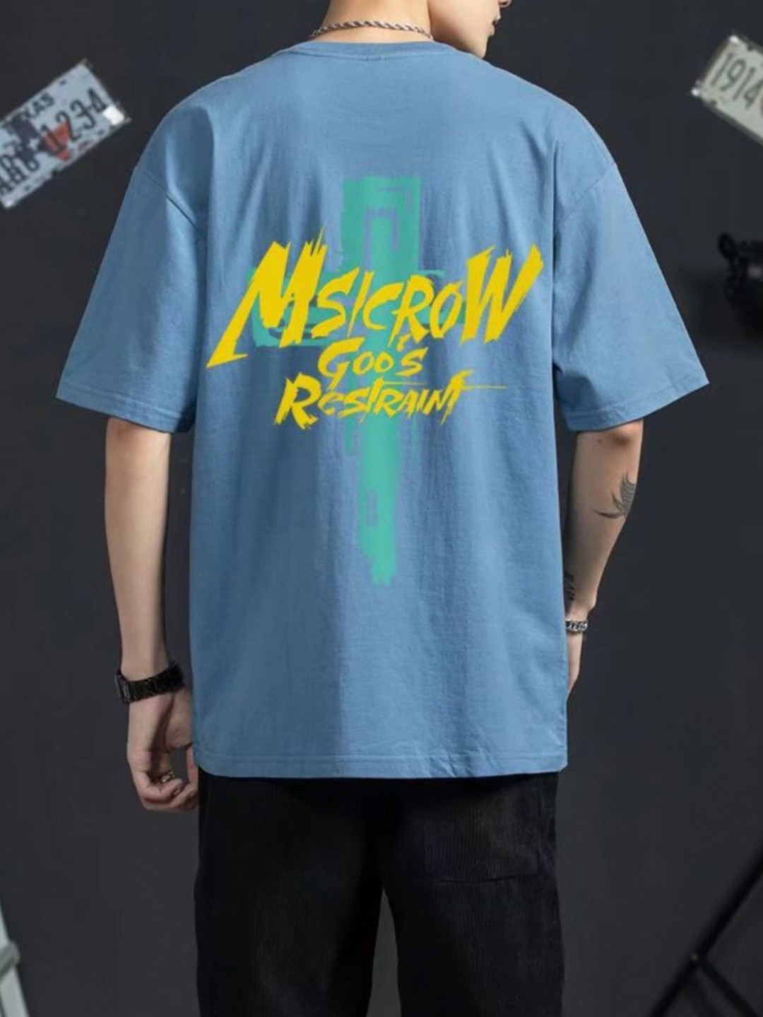 

StyleCast Men Typography Printed Round Neck Cotton Oversized T-shirt, Blue