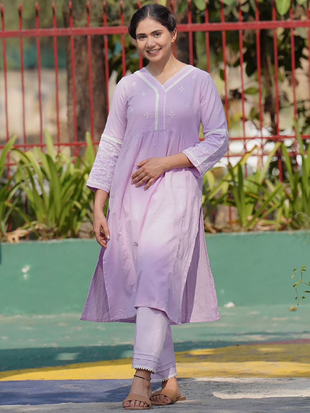 

zuri Floral Embroidered V-Neck Pleated Thread Work Cotton A-Line Kurta, Purple