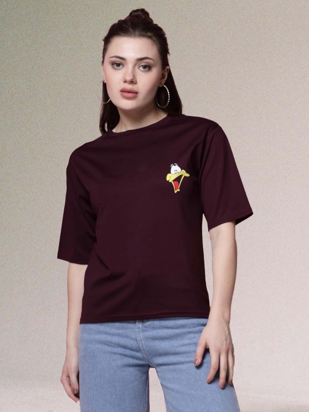 

Moda Rapido Women Graphic Printed Round Neck Regular Fit T-shirt, Burgundy