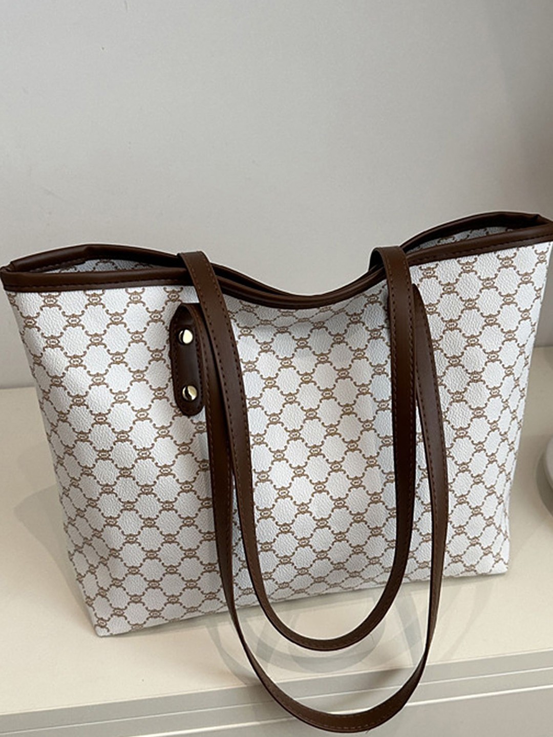 

LULU & SKY Printed PU Oversized Structured Shoulder Bag, White