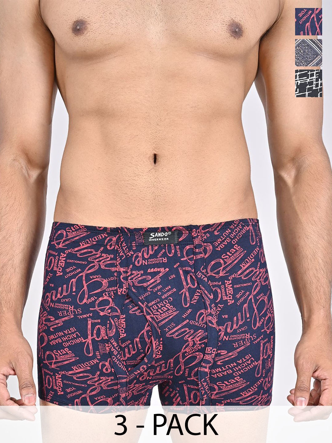 

SANDO Pack Of 3 Printed Pure Cotton Trunks GENIUS-06-09-10, Black