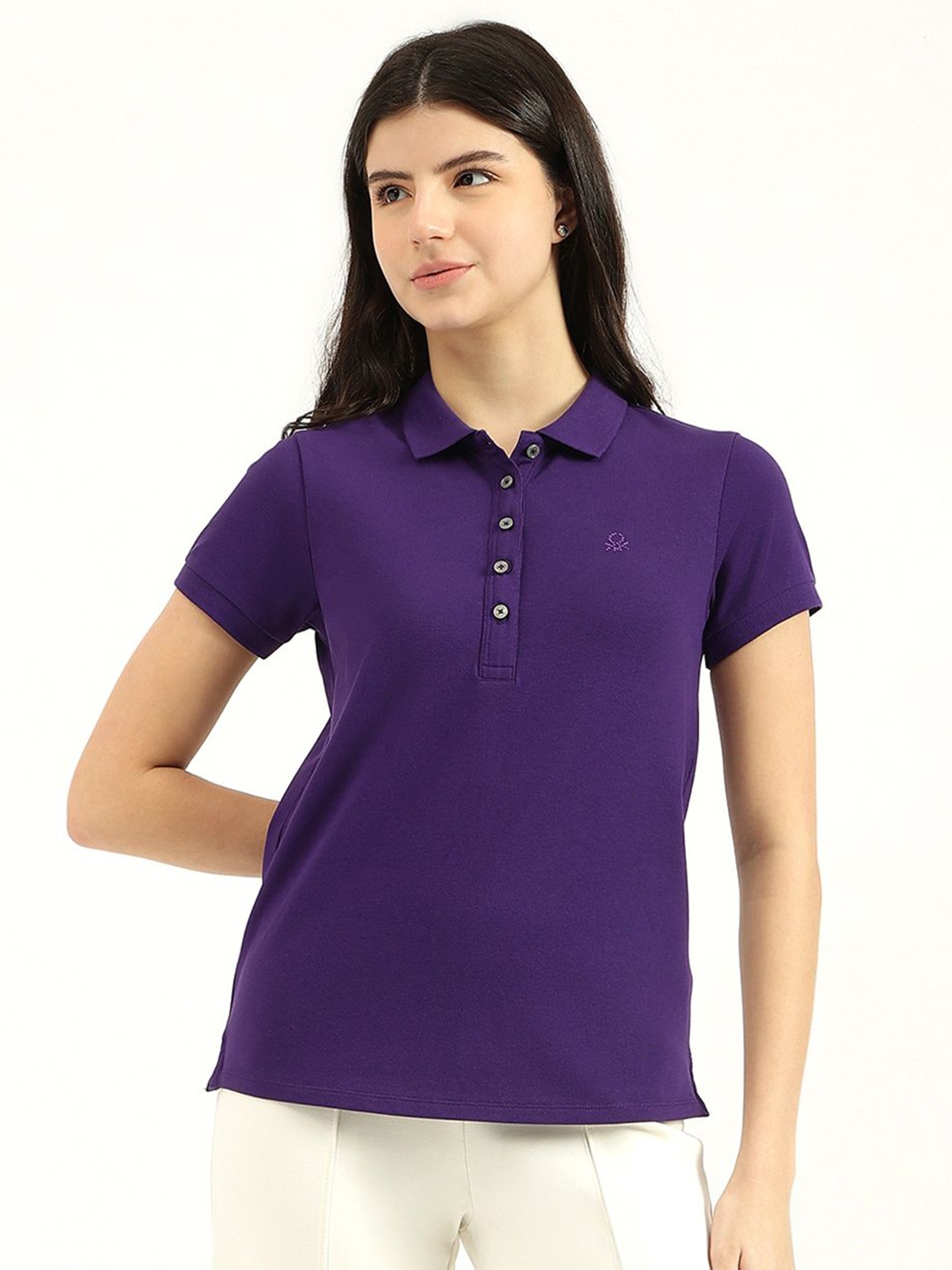 

United Colors of Benetton Women Solid Polo Collar Cotton T-shirt, Purple