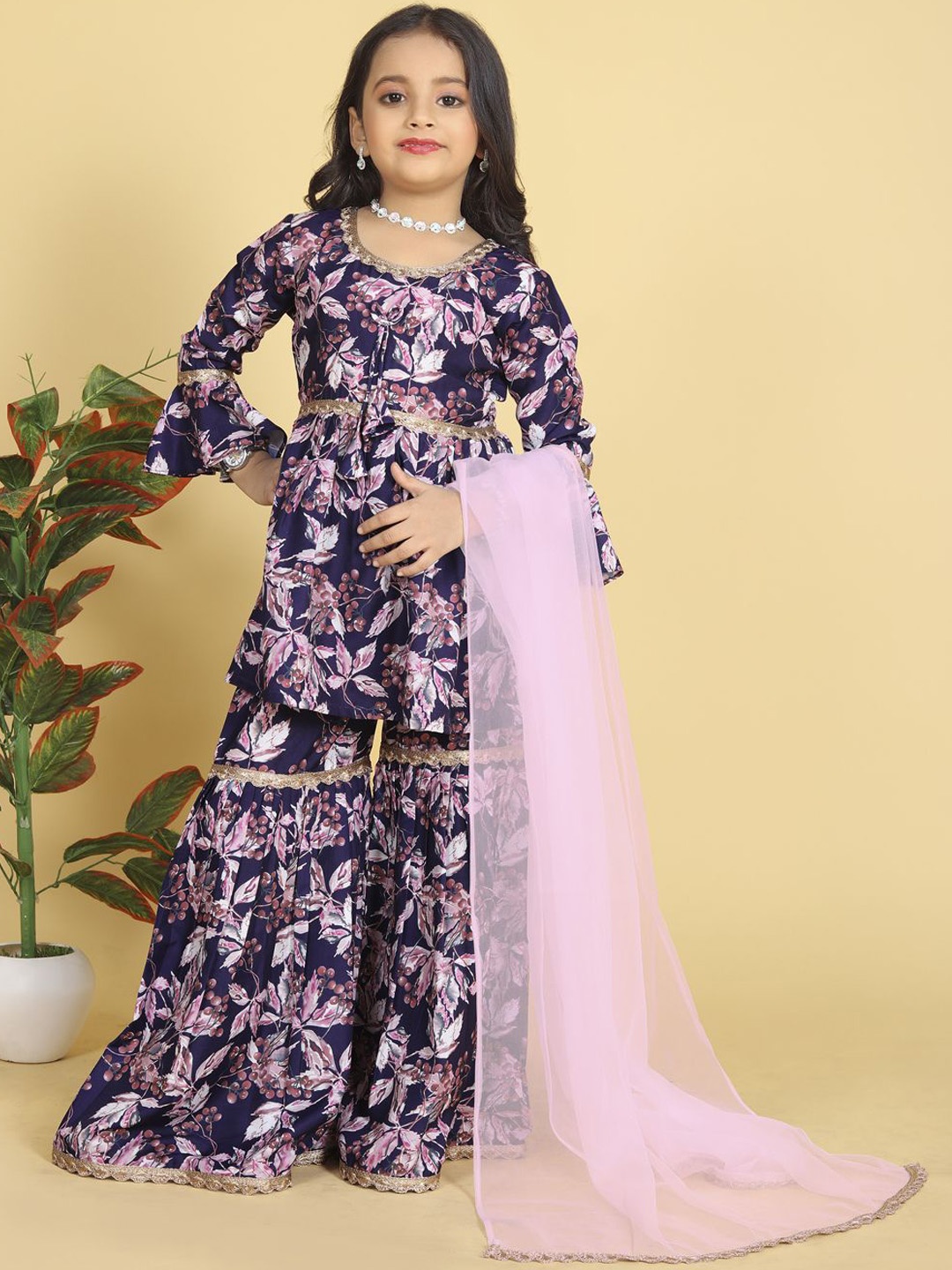 

LOOKS AND LIKES Girls Floral Printed A-Line Kurta With Sharara & Dupatta, Purple