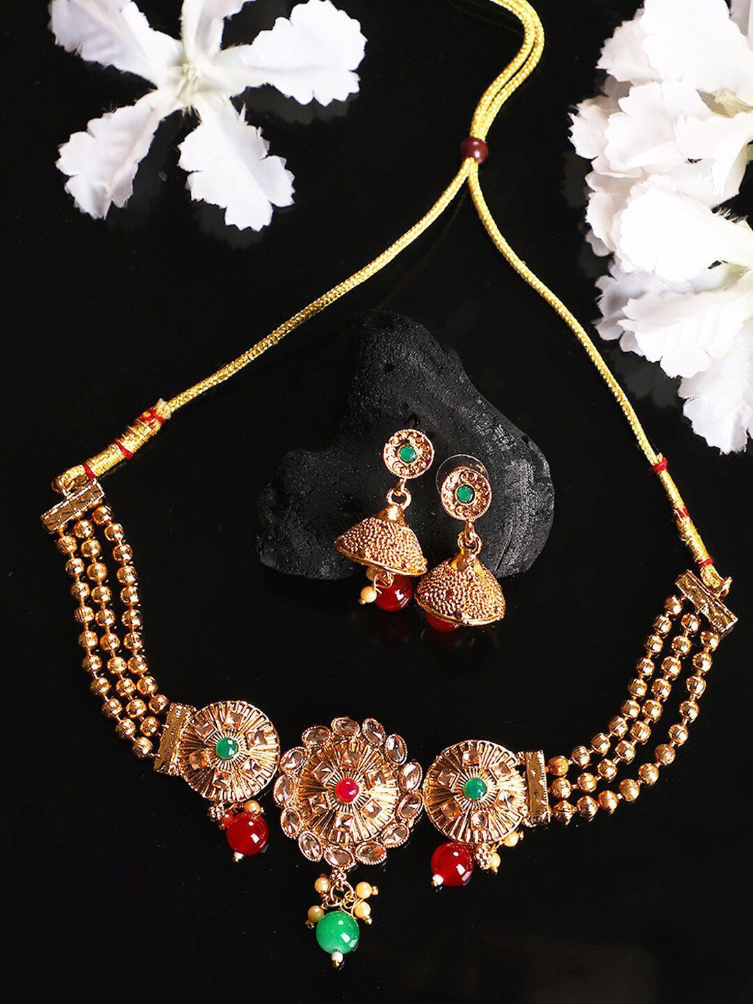 

Anouk Gold-Plated And Red Artificial Stones Studded & Beaded Necklace And Earrings