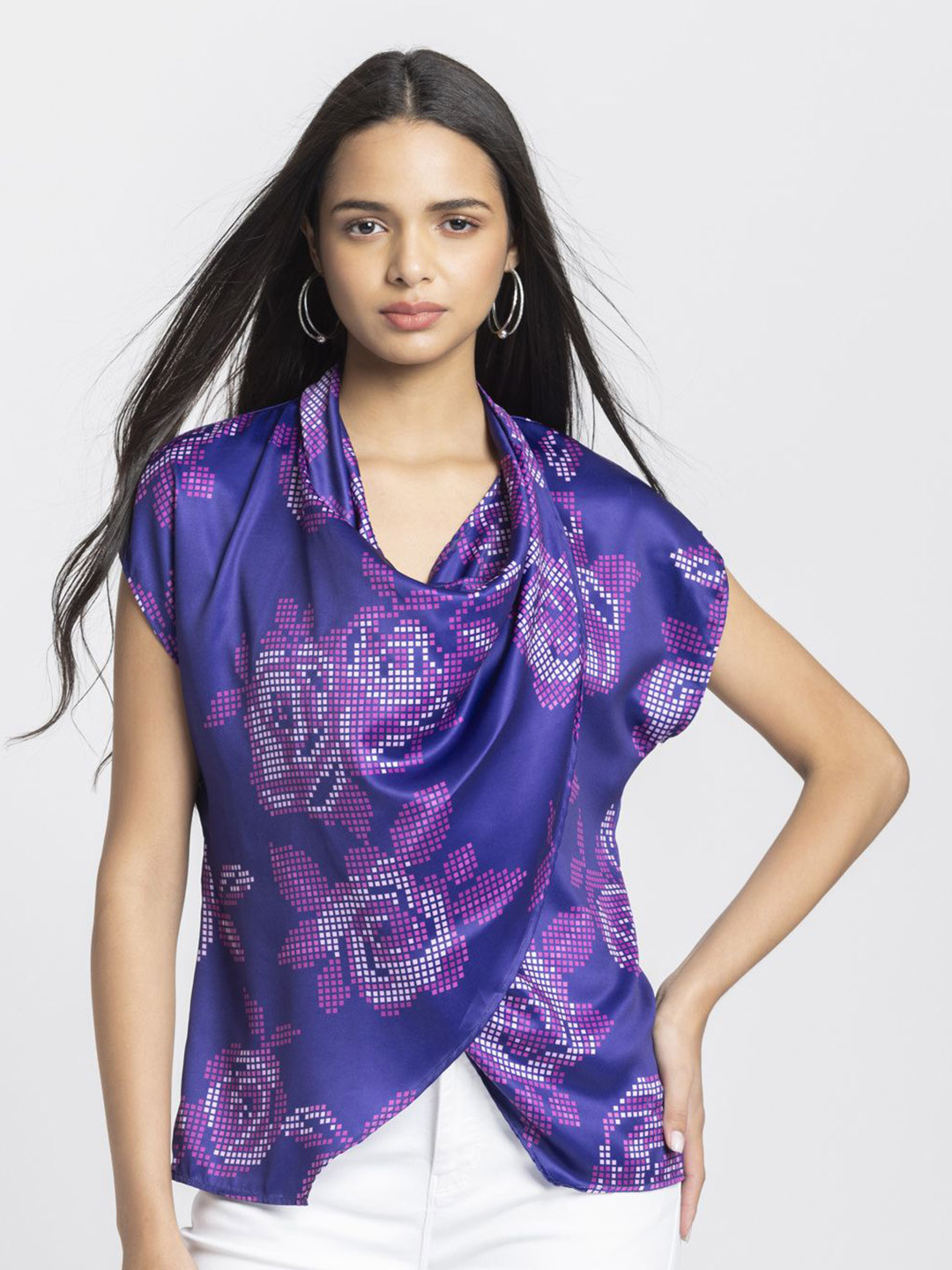 

SHAYE Women Purple Cowl Neck Floral Print Drop Shoulder Sleeves Casual Tops