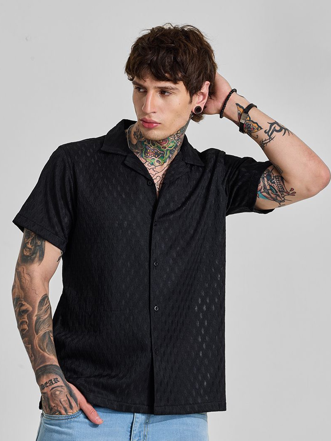 

Snitch Men Relaxed Boxy Opaque Casual Shirt, Black