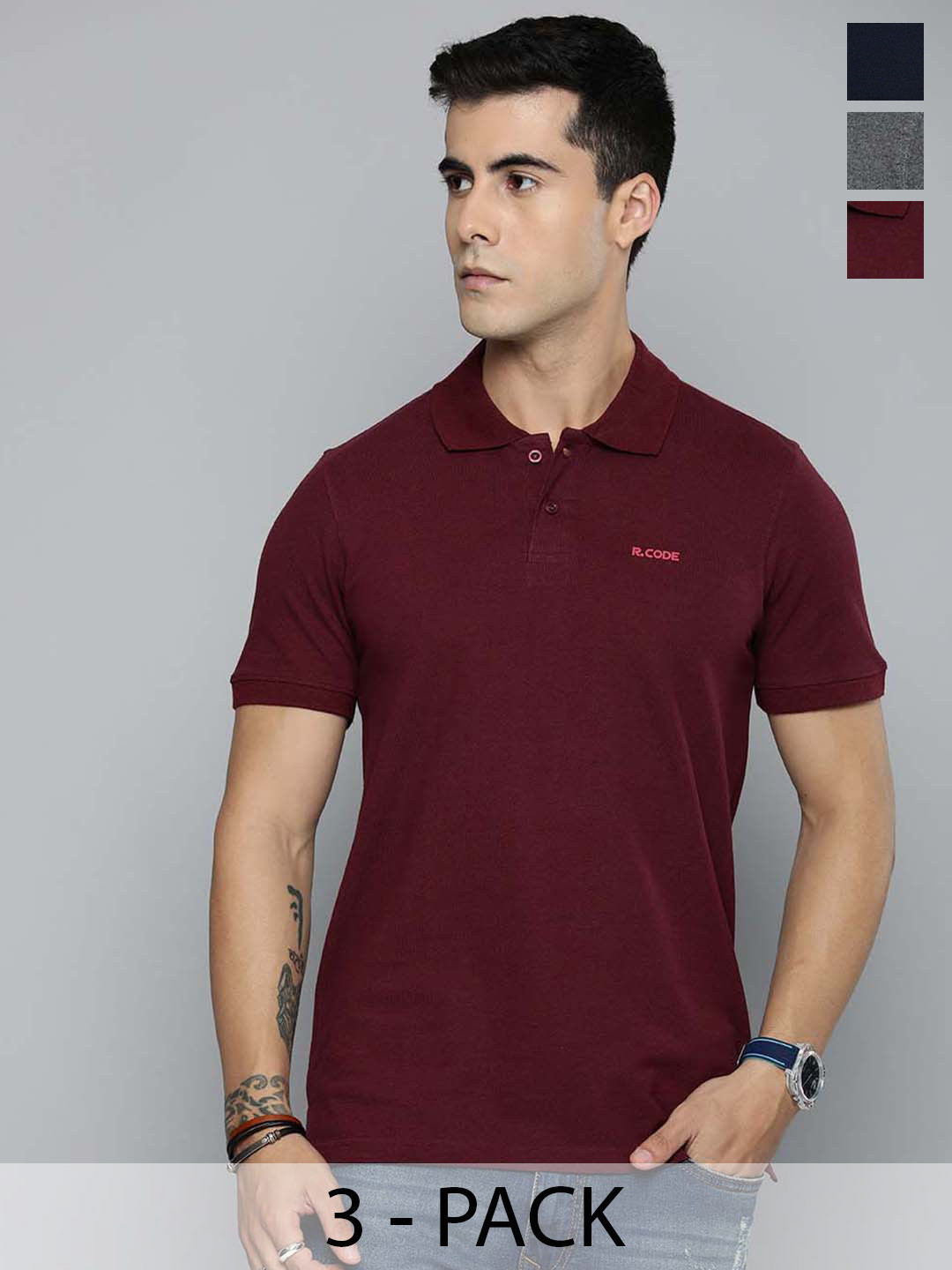 

R.Code by The Roadster Lifestyle Co. Men Regular Fit Pack Of 3 Solid Polo Cotton T-shirts, Multi