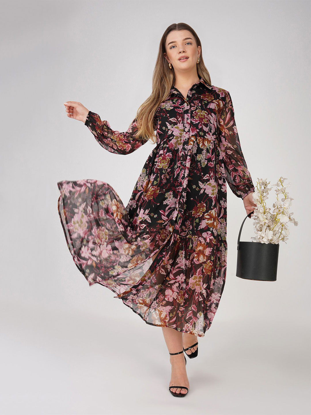 

Street22 Women Floral Printed Shirt Collar Long Sleeves Maxi Fit & Flare Dress, Multi