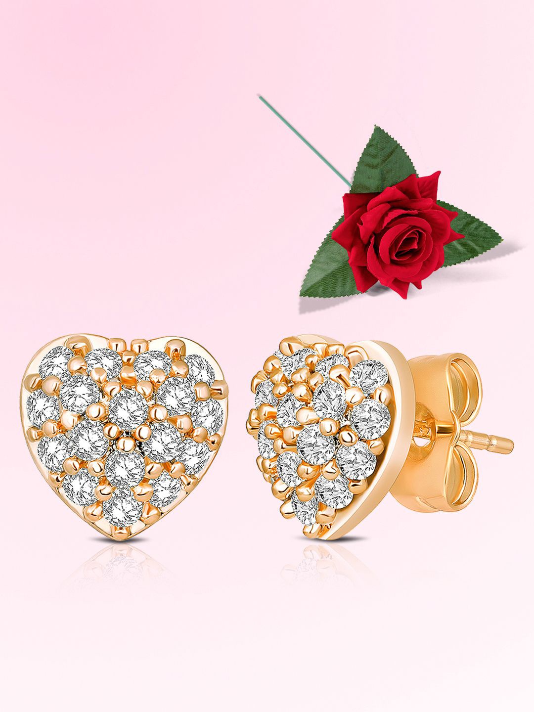 

Peora Gold-Plated Cubic Zirconia Studded Heart Shaped Studs With Red Rose