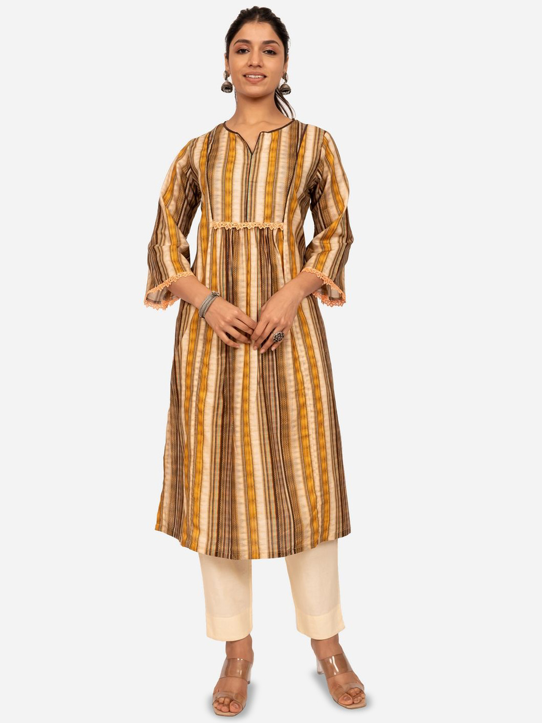 

INDIE JHOLA Striped PrintedV-Neck Anarkali Kurta, Yellow