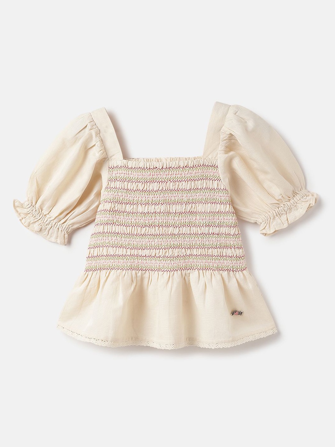

Blue Giraffe Puff Sleeve Cotton Top, Cream