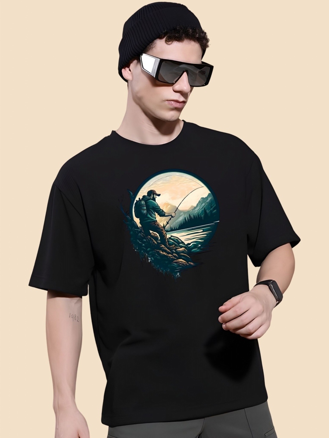

SZN Men Graphic Printed Round Neck Cotton Oversized T-shirt, Black