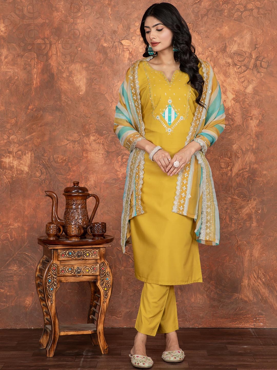 

SANJANA SILK Floral Embroidered Beads And Stones Straight Kurta With Trousers & Dupatta, Yellow