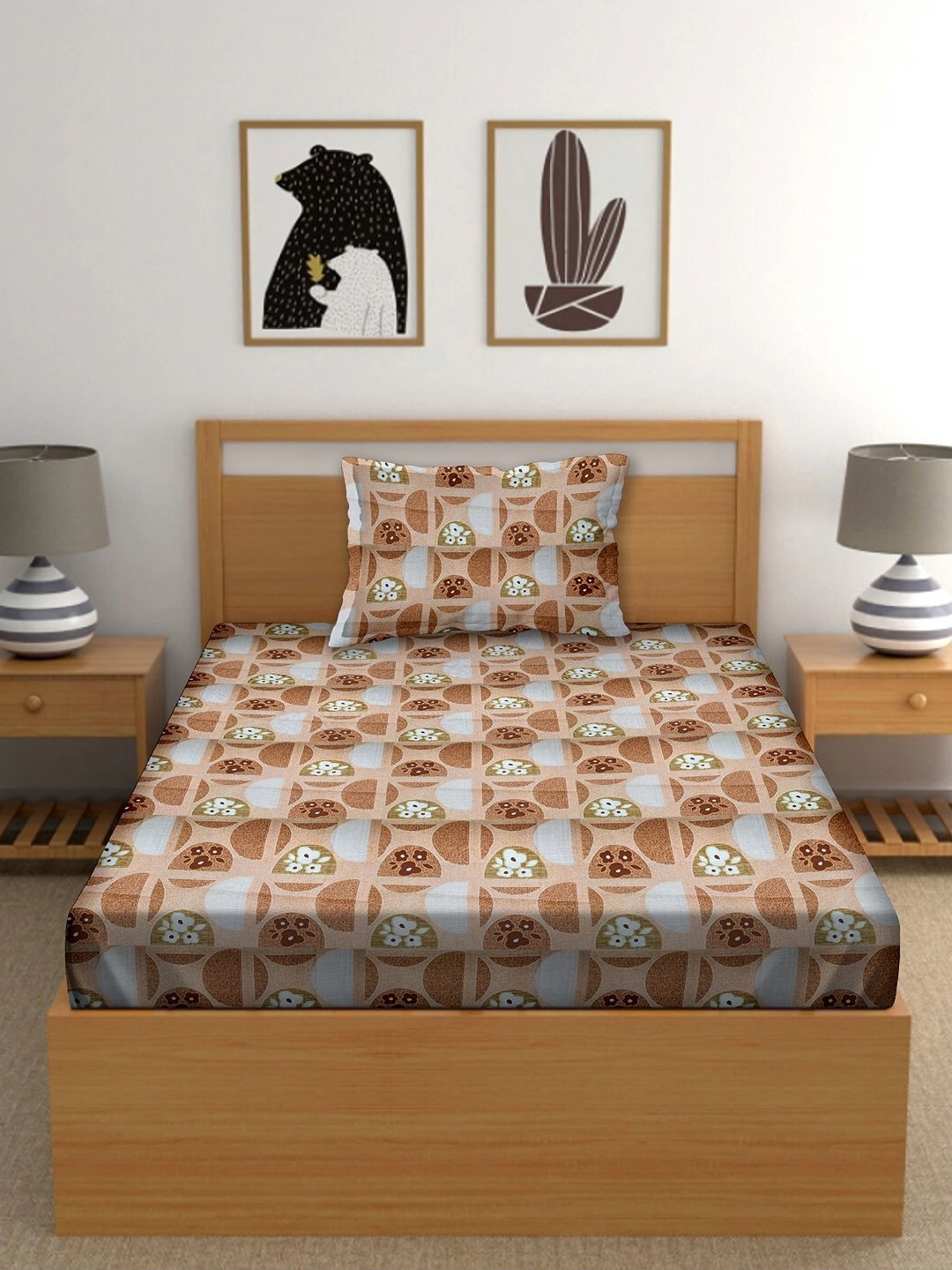 

Myntra Elegant Homes Brown & White Printed Cotton 160 TC Single Bedsheet Set 1.52m x 2.28m