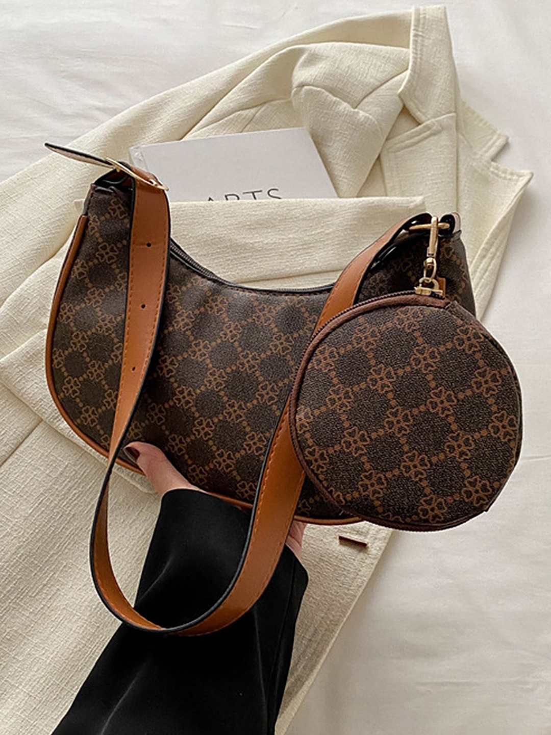 

LULU & SKY Printed PU Structured Hobo Bag with Cut Work, Coffee brown