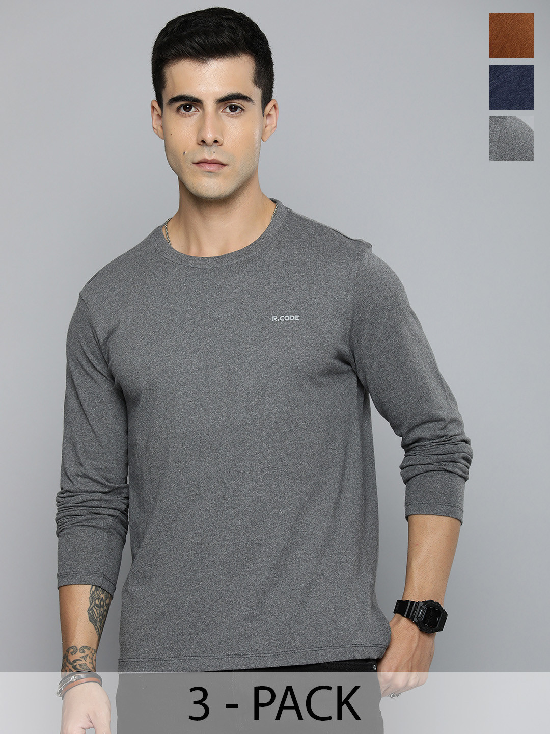 

R.Code by The Roadster Lifestyle Co. Men Regular Fit Pack Of 3 Solid Cotton T-shirts, Grey