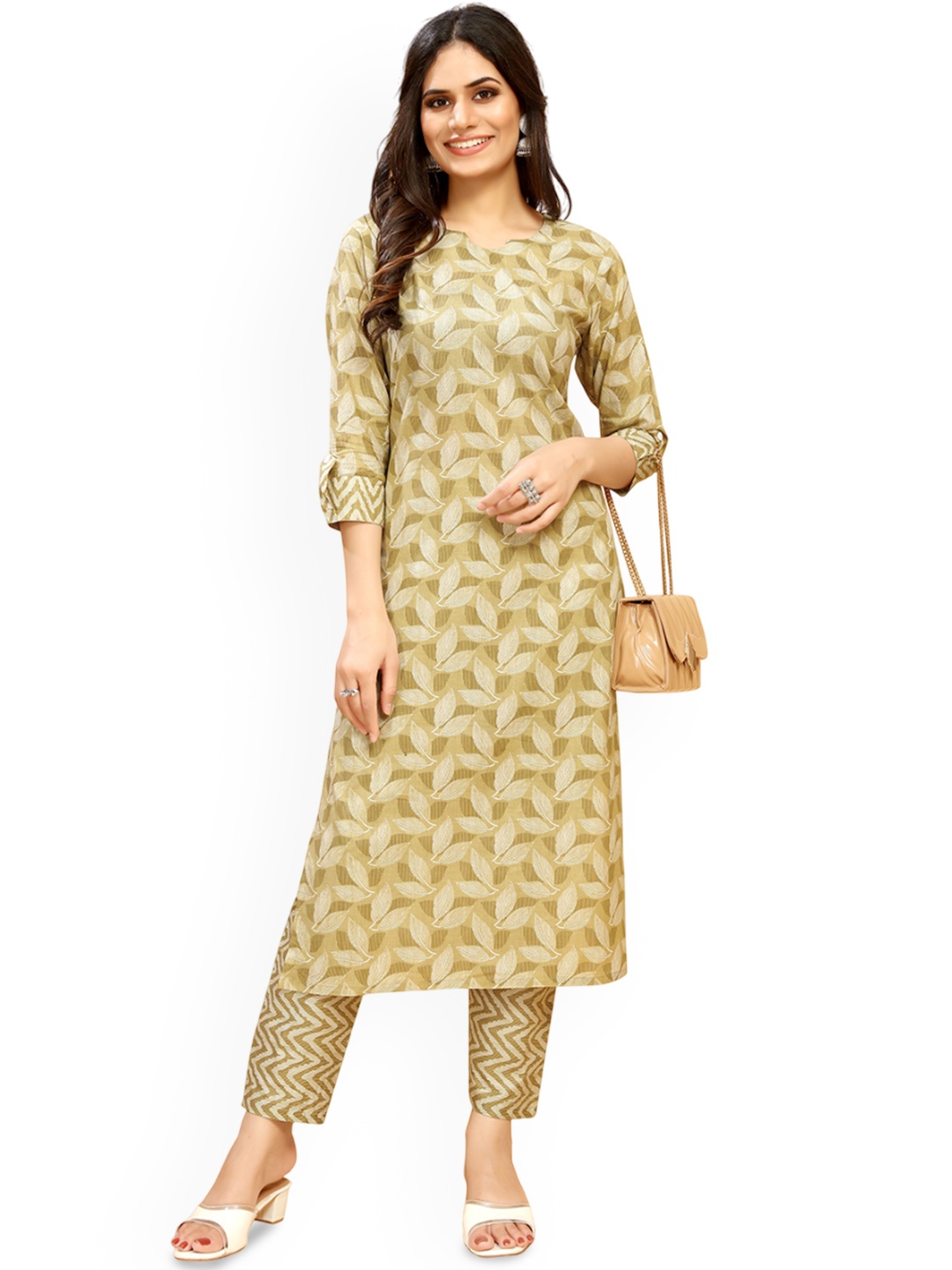 

Moda Rapido Women Floral Printed Pure Cotton Straight Kurta With Trousers, Yellow