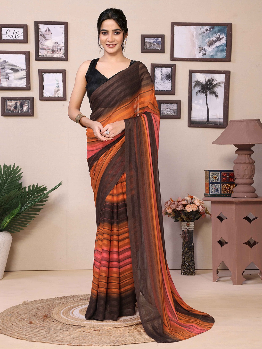 

Rhey Striped Pure Georgette Ready to Wear Saree, Orange