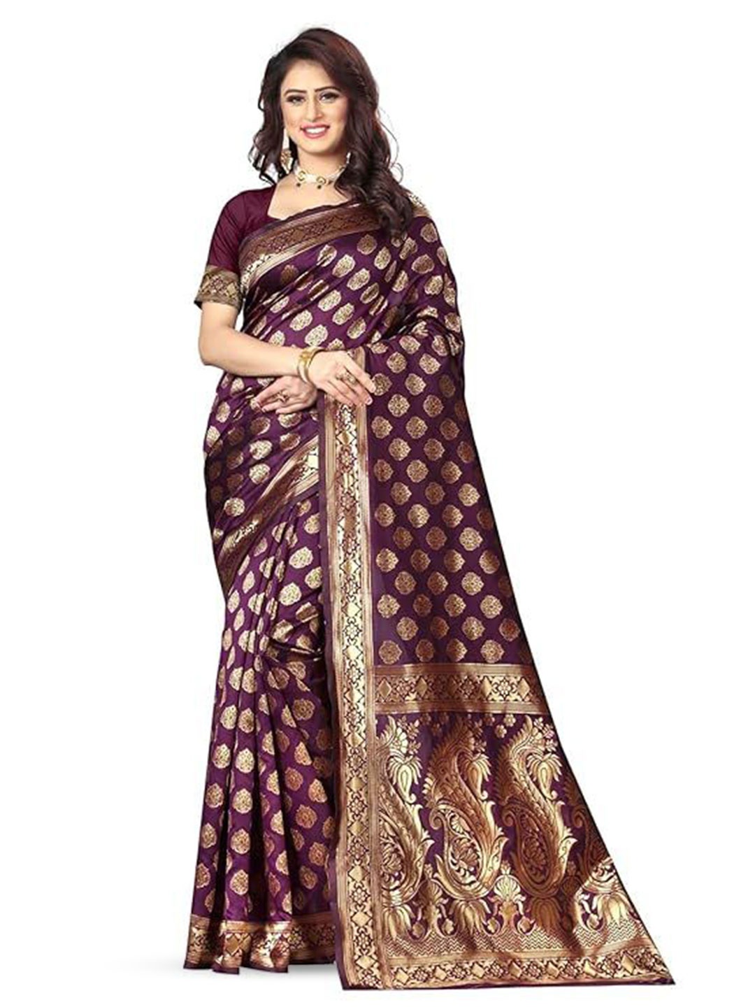 

Florence Woven Design Zari Pure Silk Kanjeevaram Saree, Burgundy