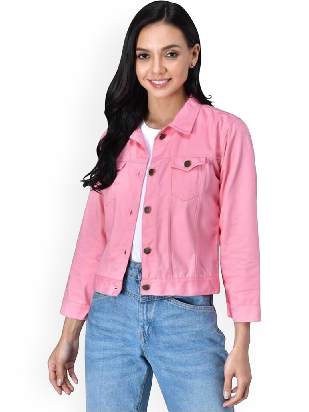 

KASHIAN Women Spread Collar Solid Casual Denim Jacket, Pink