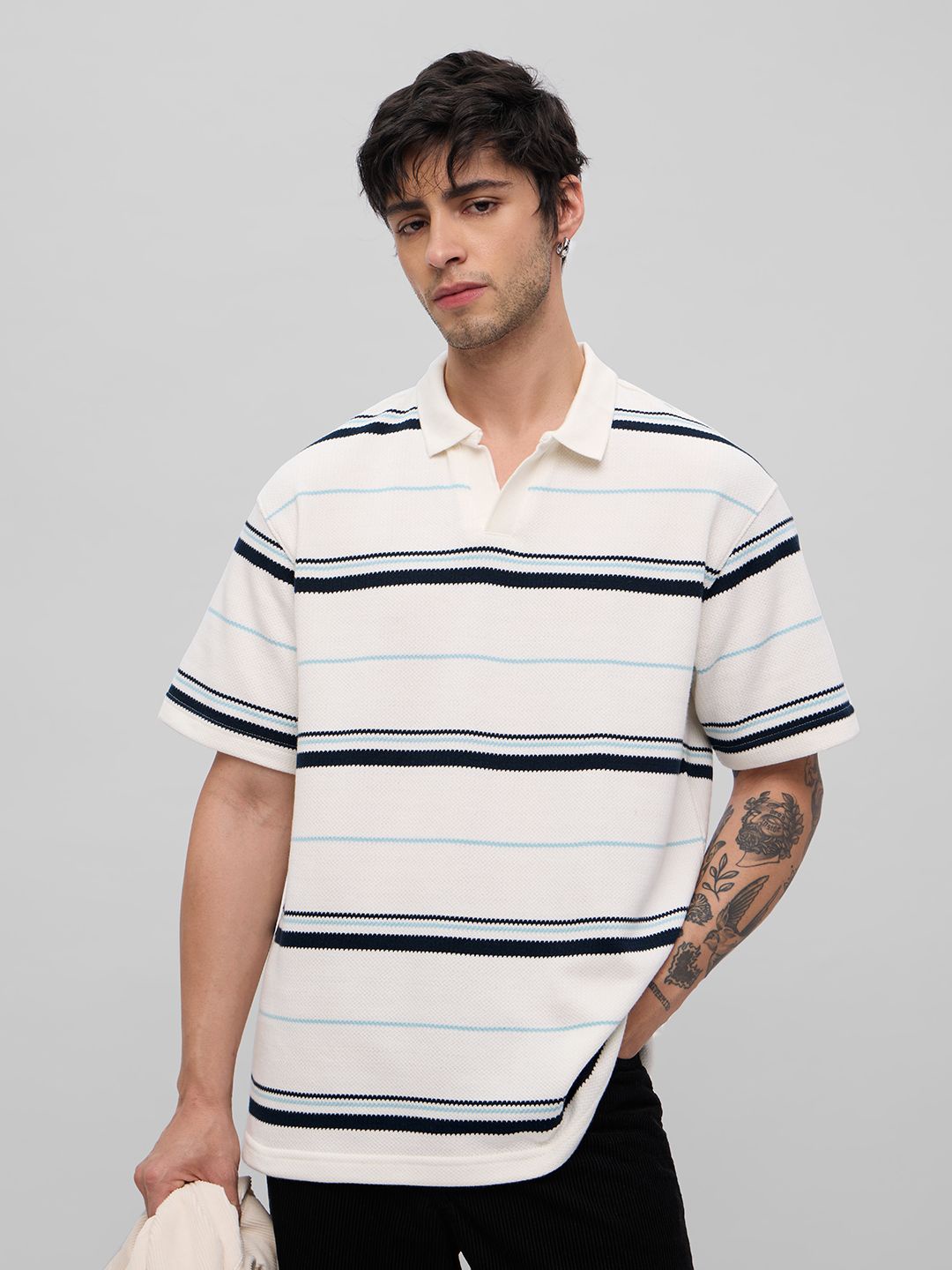 

The Souled Store Men Striped Polo Collar Cotton Oversized T-shirt, Off white