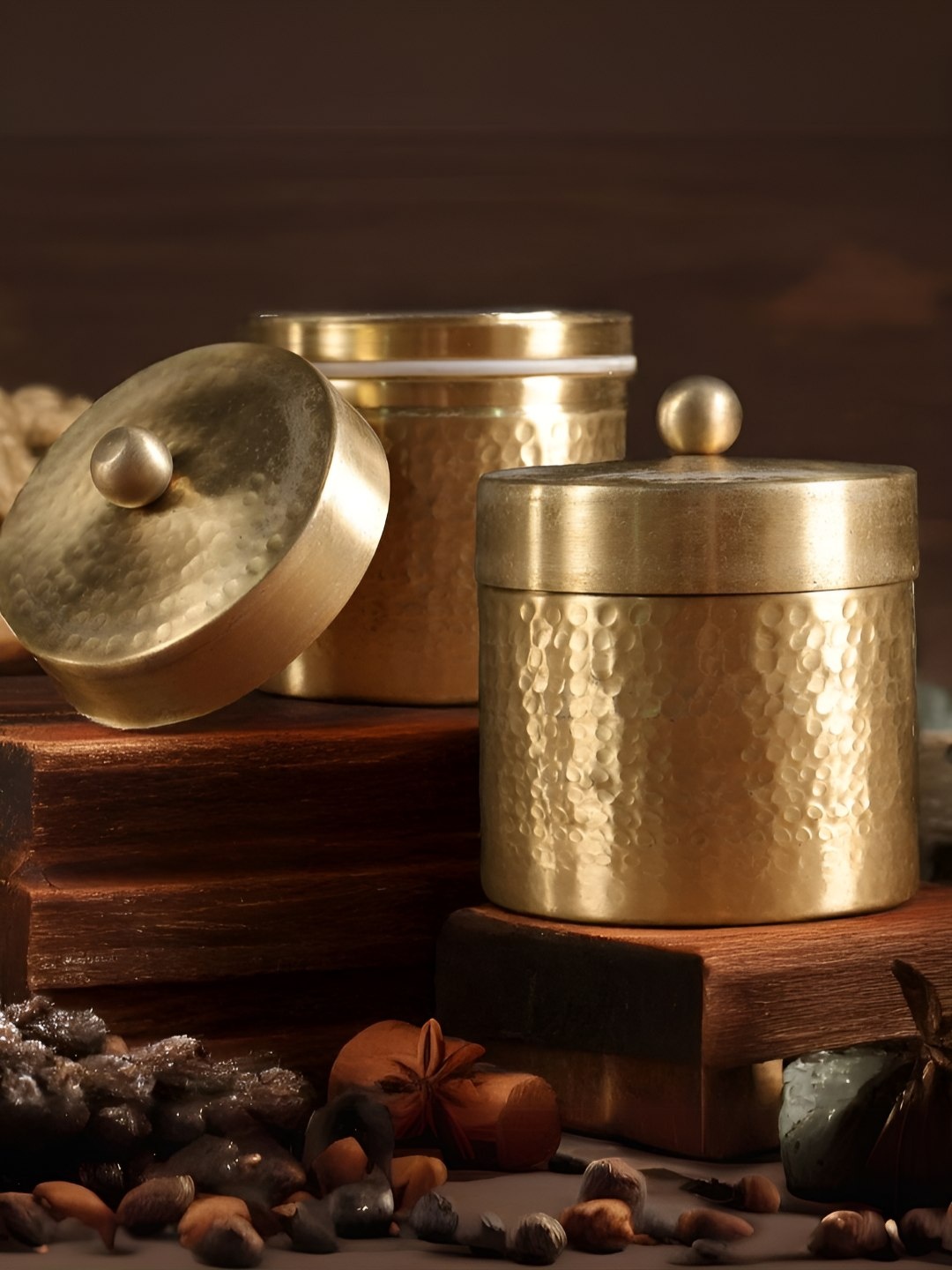 

Peepul Tree Gold-Toned 2 Pieces Textured Brass Jars With Lid - 50 ml Each