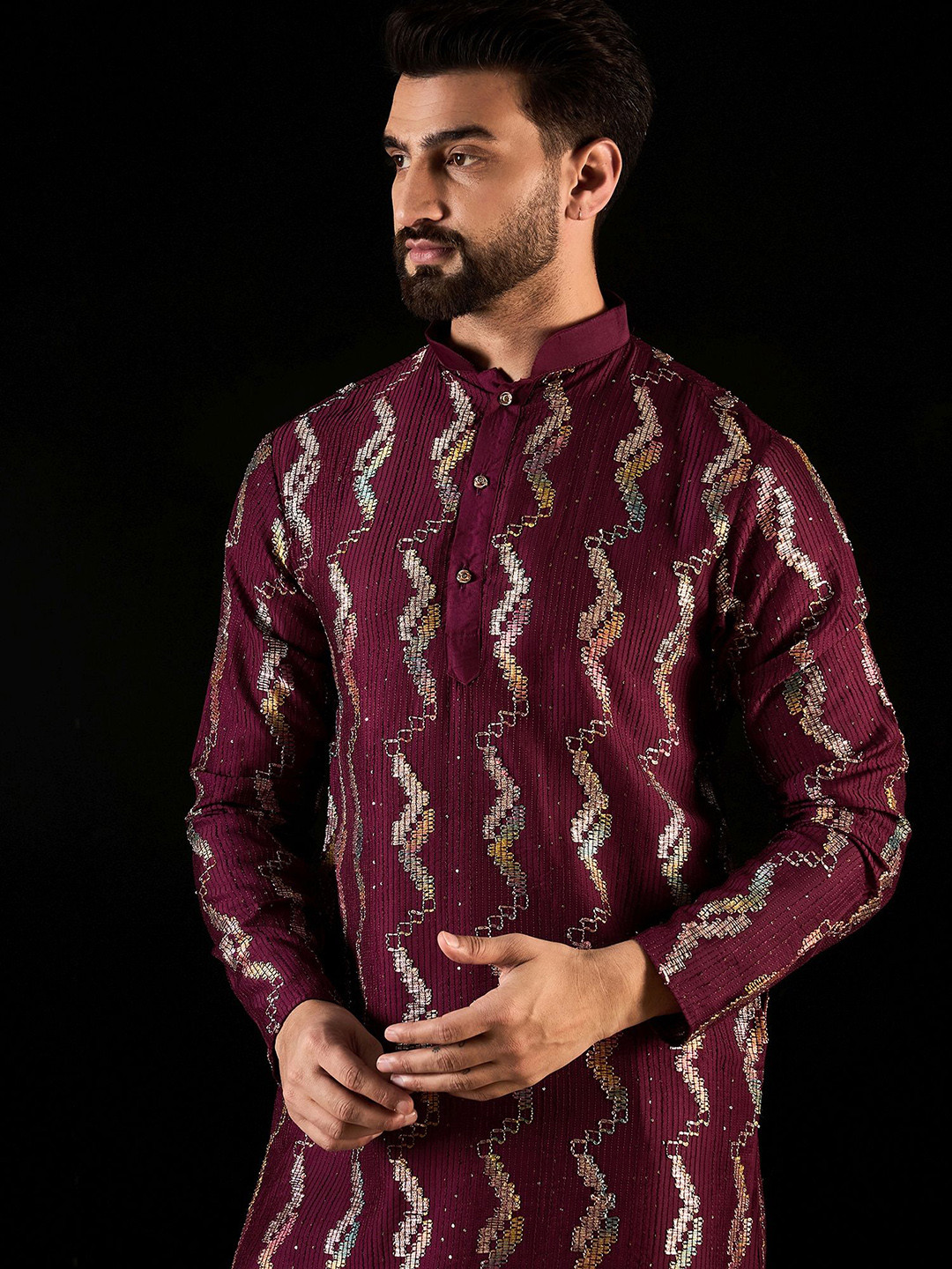 

Anouk Maroon Geometric Embroidered Mandarin Collar Sequinned Pure Silk Straight kurta