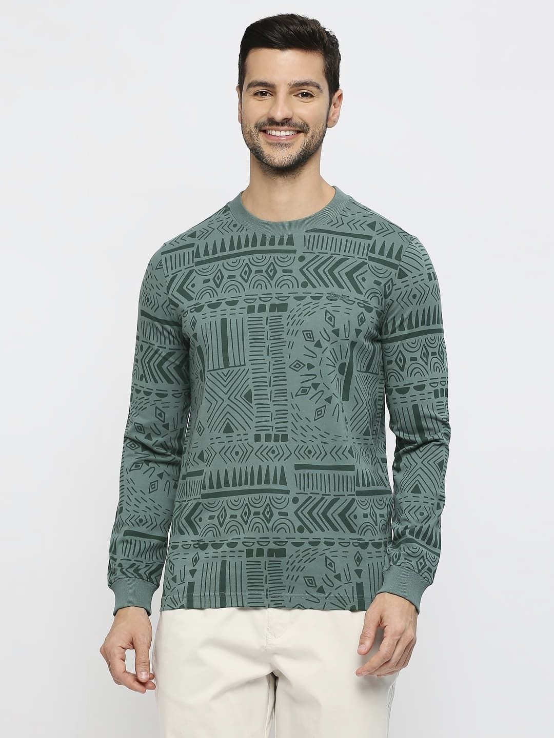 

Basics Men Regular Fit Geometric Printed Round Neck Cotton Boxy T-shirt, Green
