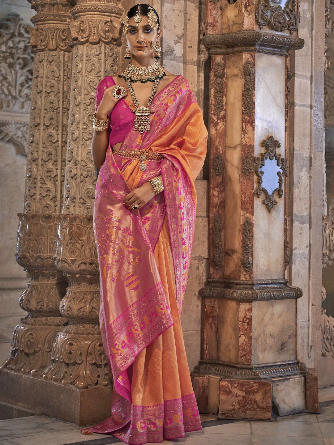 

MAHALASA Woven Design Zari Pure Silk Paithani Saree, Orange