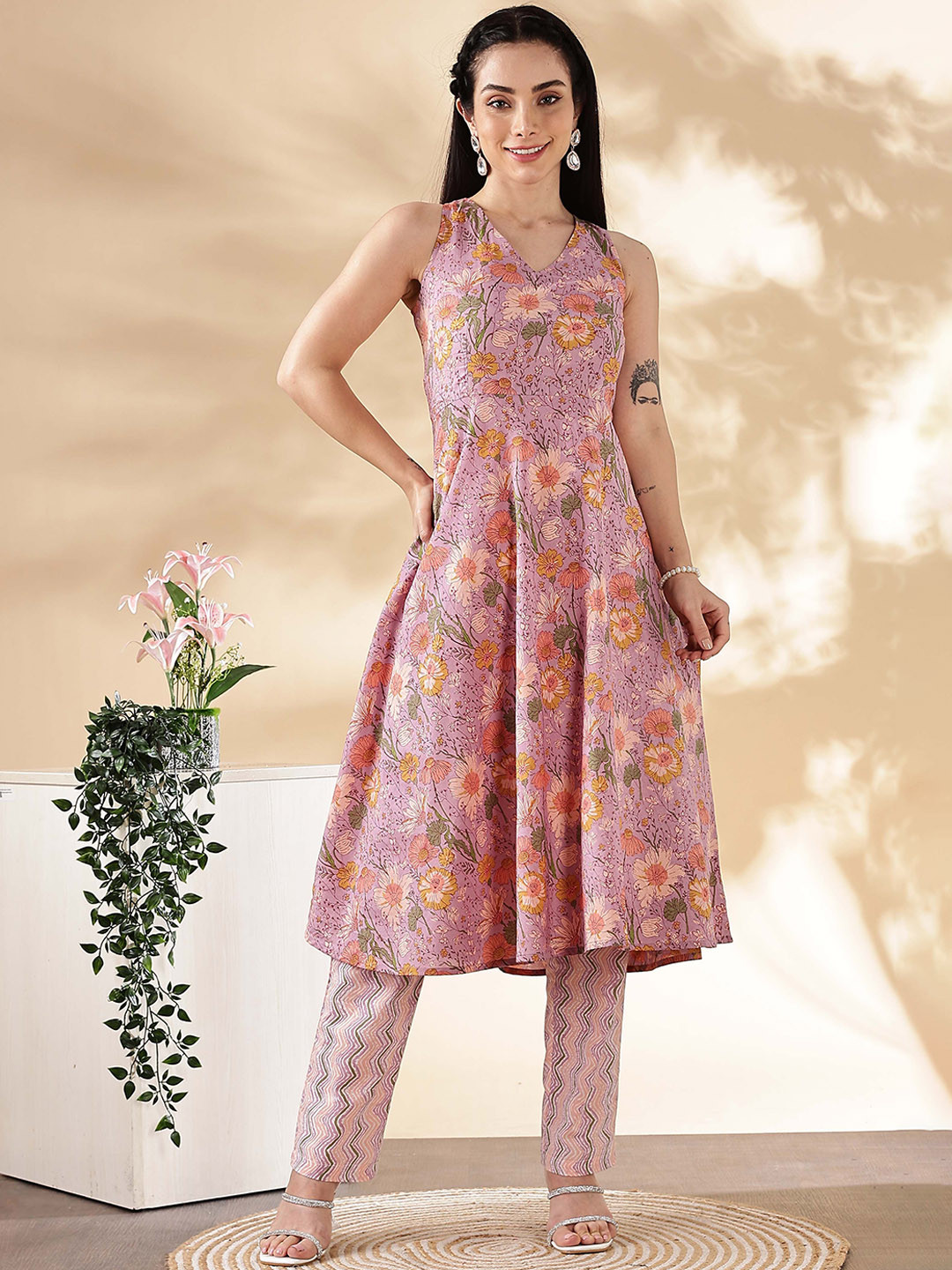 

Anouk Floral Printed V-Neck Styled Back Pure Cotton A-Line Kurta With Trousers, Pink