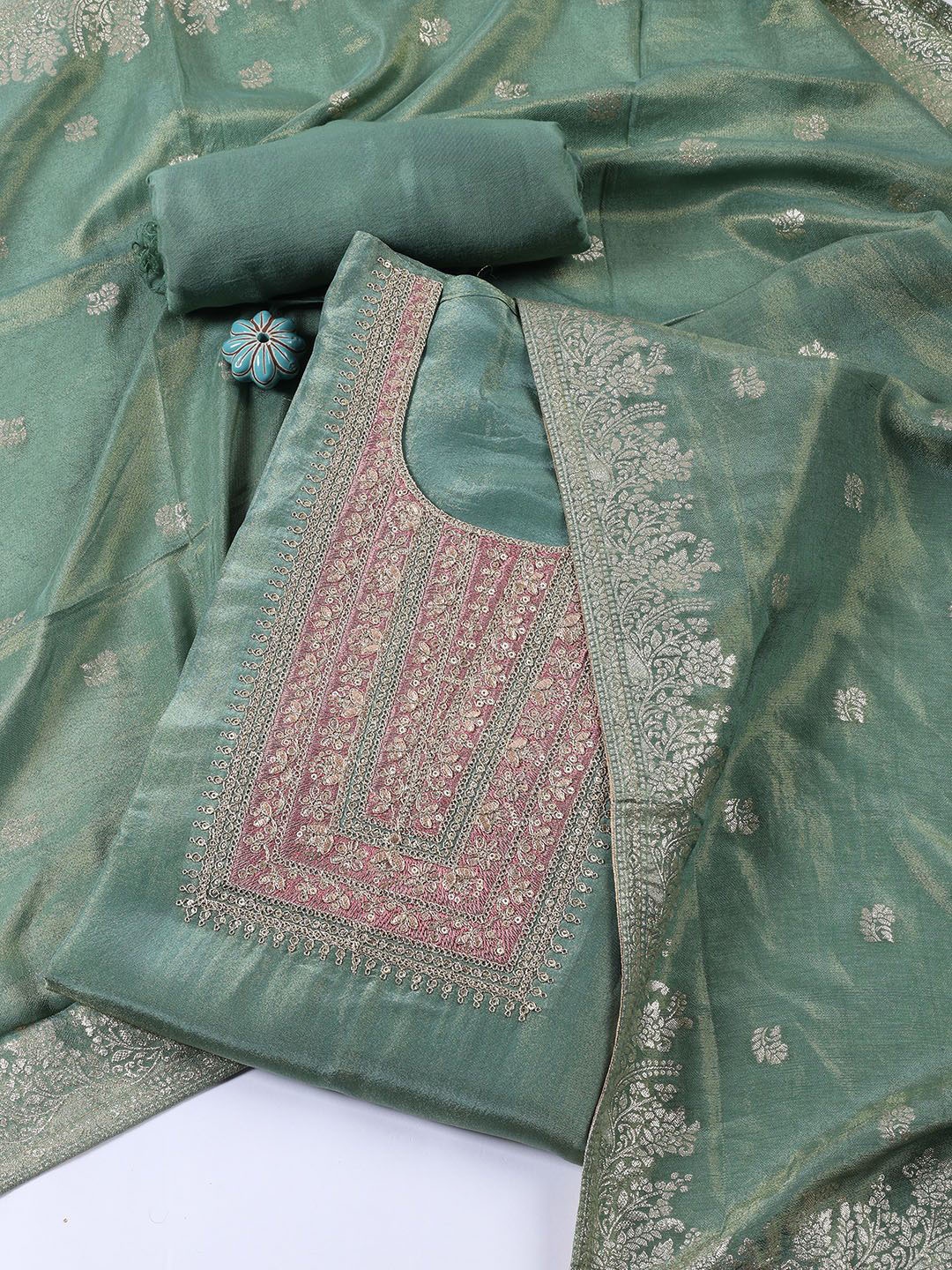

Meena Bazaar Floral Sequinned Embroidered Unstitched Dress Material, Green