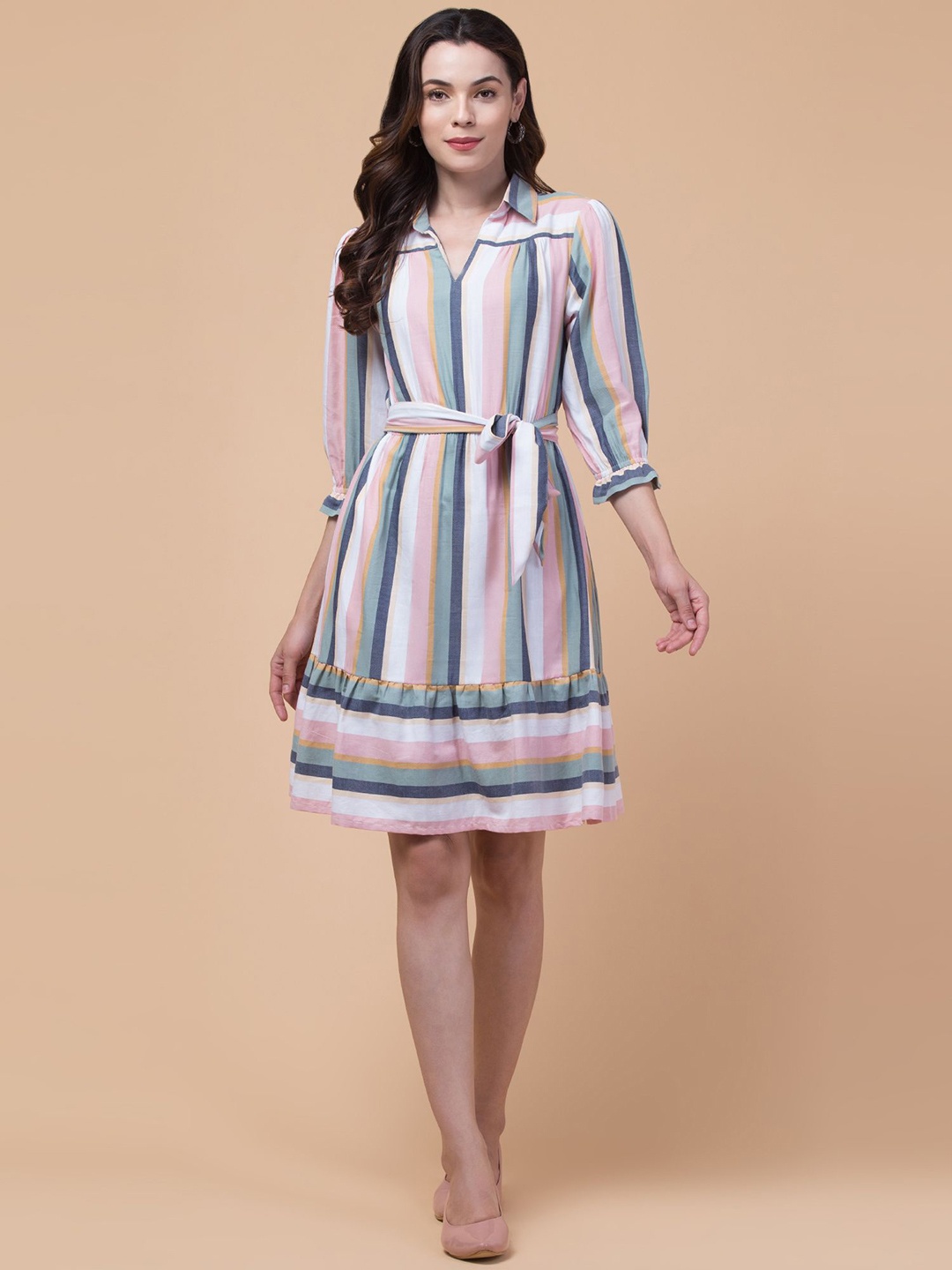 

Hive91 Women Striped Multicoloured A-Line Midi Dress, Multi