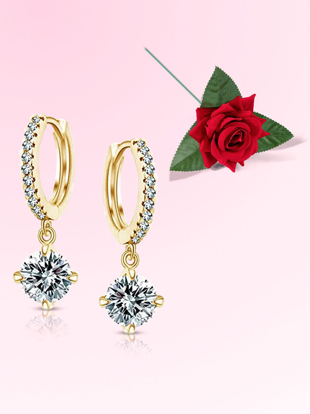 

Peora Gold Plated Crystal Stones Studded Hoop Earrings With Red Rose Gift Set