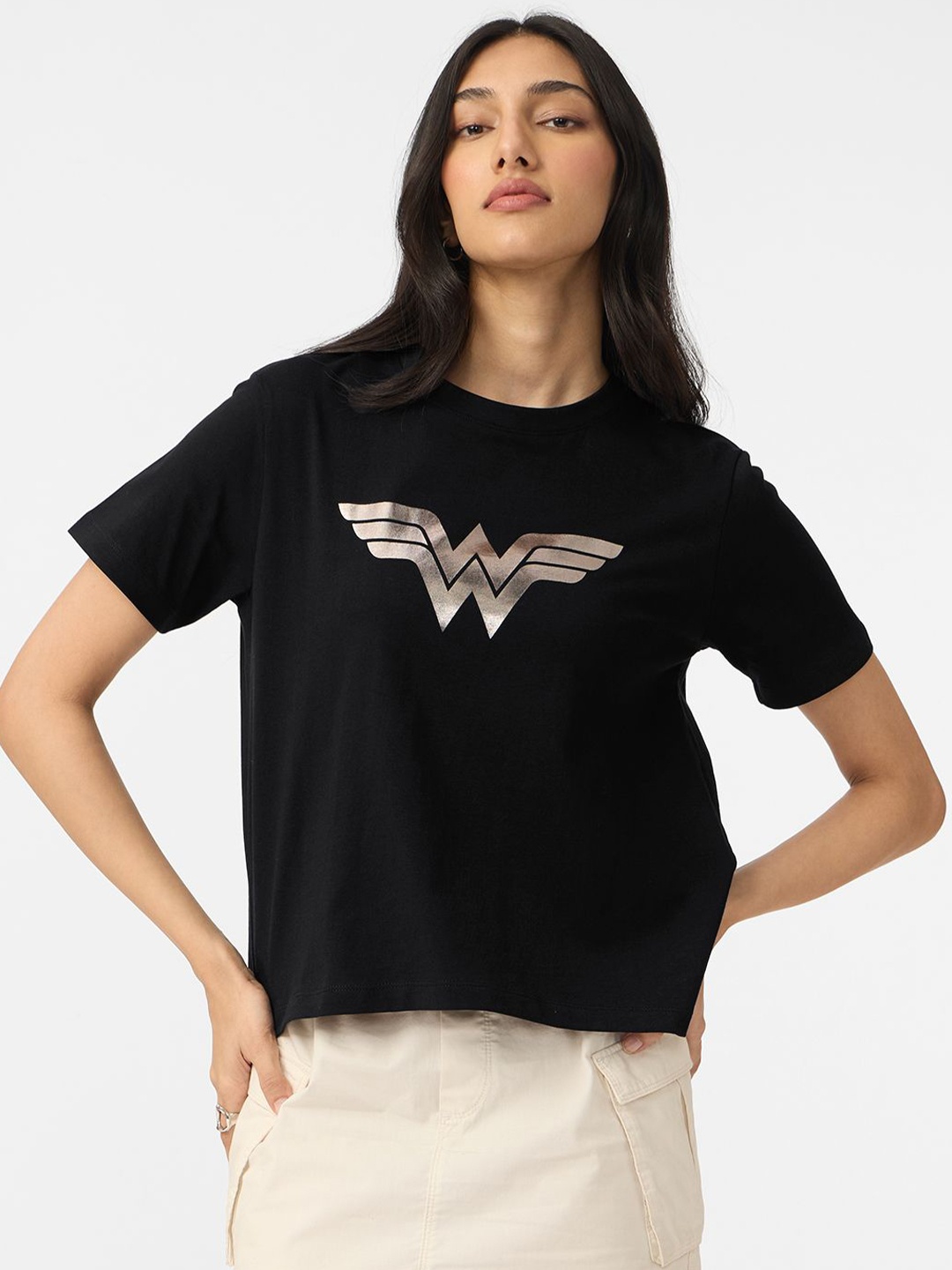 

The Souled Store Women Graphic Printed Round Neck Cotton Relaxed Fit T-shirt, Black
